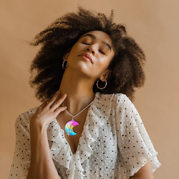 Womens Rainbow Natural Crystal Moon Crescent Tree Wire Wrapped Gemstone Necklace - Picture 5 of 8